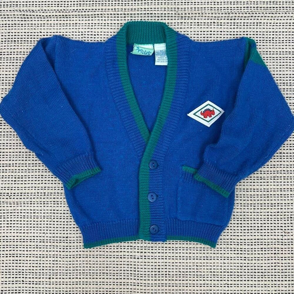 Vintage Boys Sprockets Blue Green Knit Cardigan Sweater Dino Decal 3T